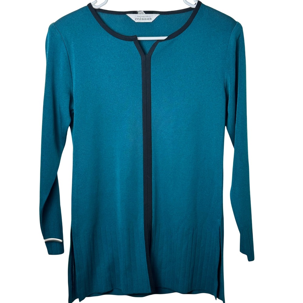 Misook Knit Tunic Women XS Teal Long Sleeve Split Hem Ribbed Trim Top
